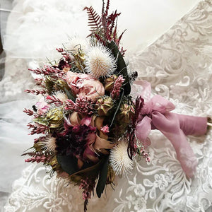 Everlasting Romance: Dried Flower Wedding Bouquet with Soft Pinks and Purples