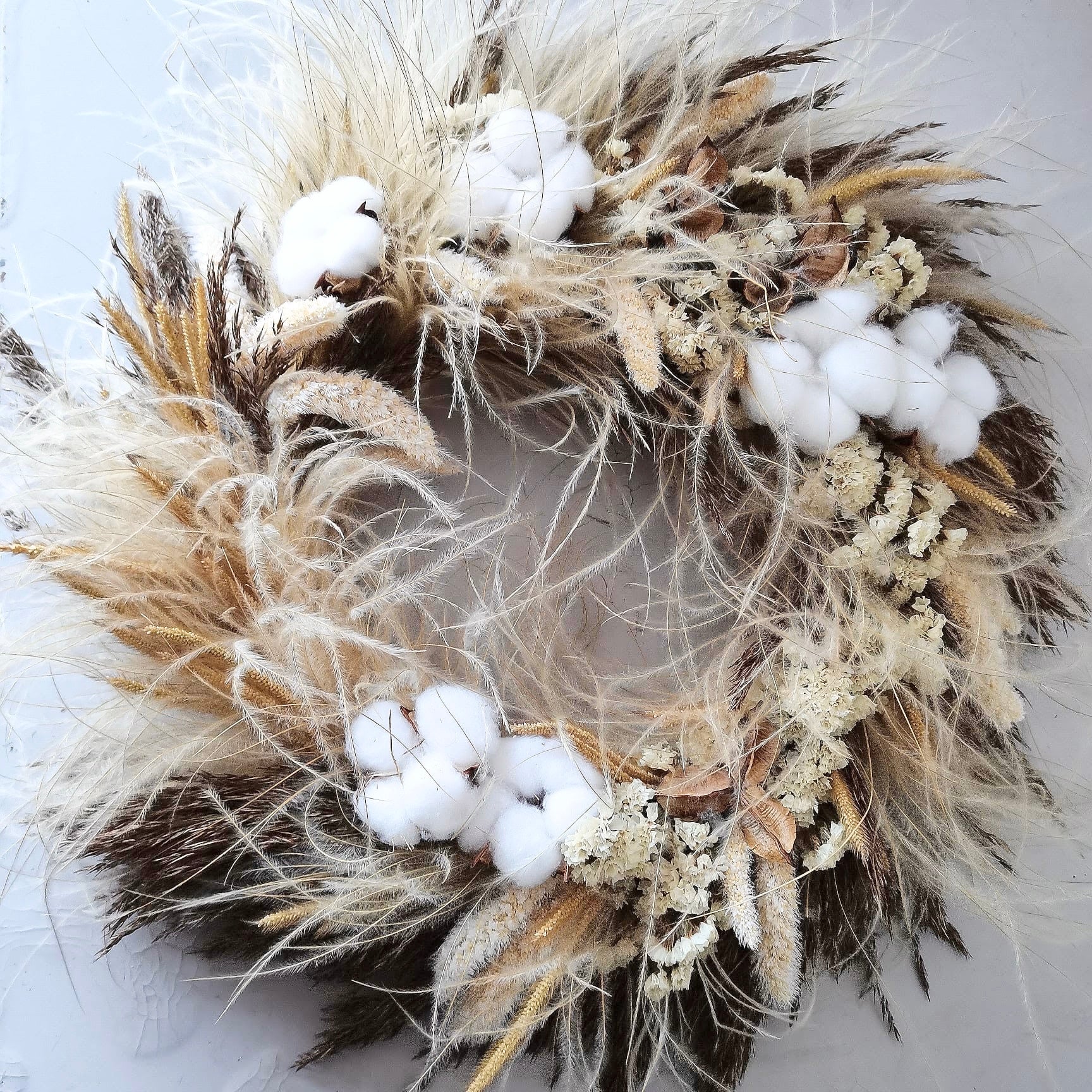 Dry Wild Grass and Cotton Flowers Wreath - Rustic Elegance