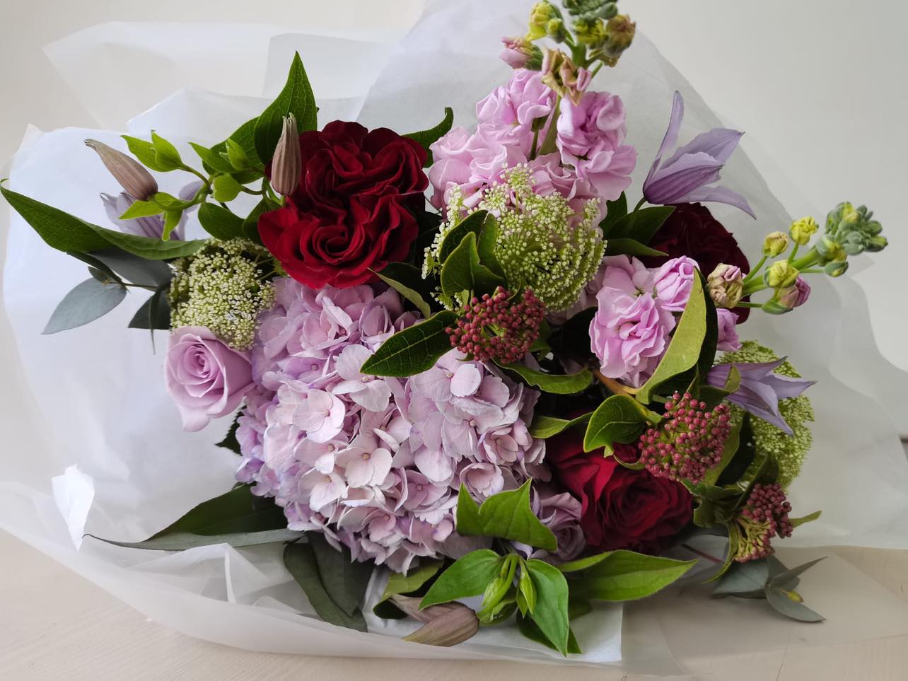 Cherished Moments Bouquet - Deep Red Roses & Lavender Hydrangeas for Mother's Day